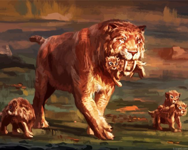 Sabertooth Tiger And Cubs Painting By Numberss.png