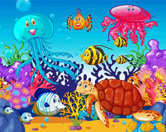 Sea Animals Cartoon Painting By Numberss.png