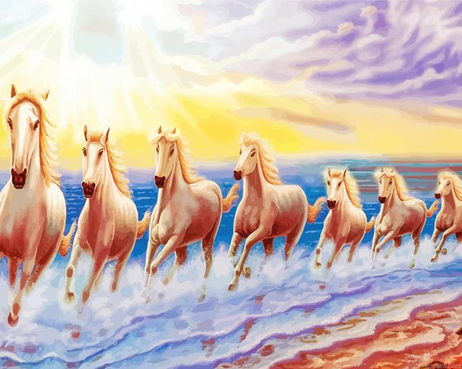 Seven Running Horses At Sunrise In Beach Painting By Numberss.png