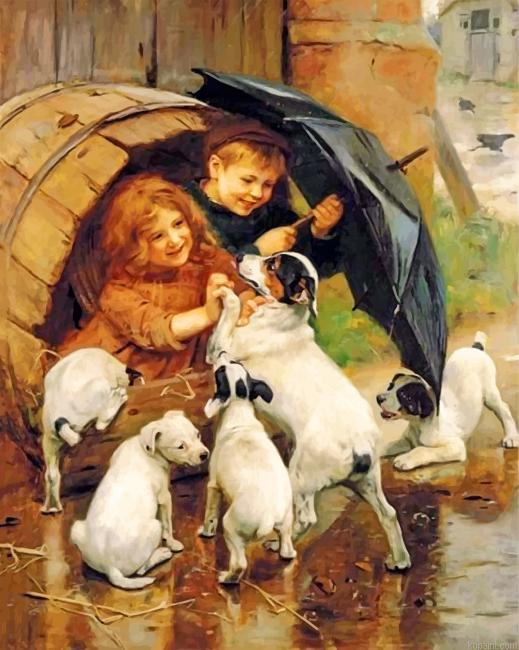 Siblings Playing With Dogs Painting By Numberss.png