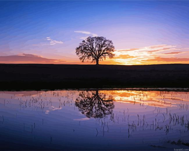 Silhouette Tree By Water At Sunset Painting By Numberss.png