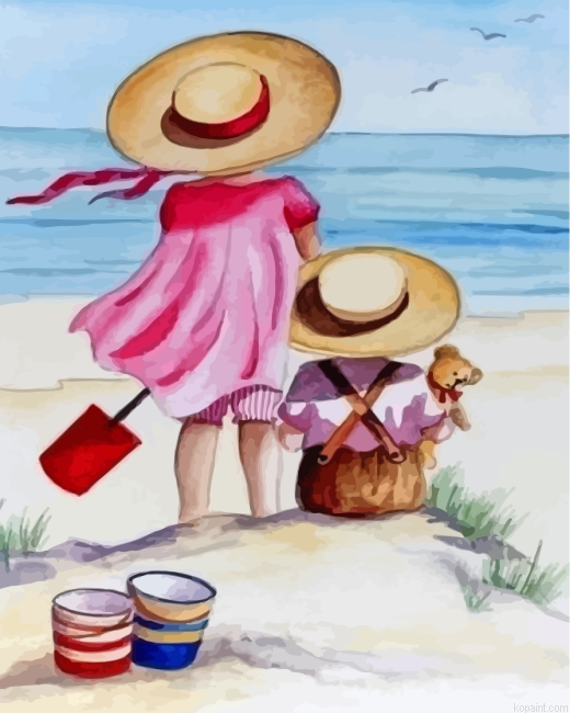 Sister And Brother On The Beach Painting By Numberss.png