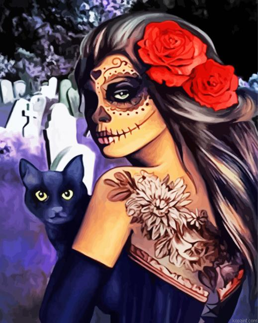 Skull Lady With Cat Painting By Numberss.png