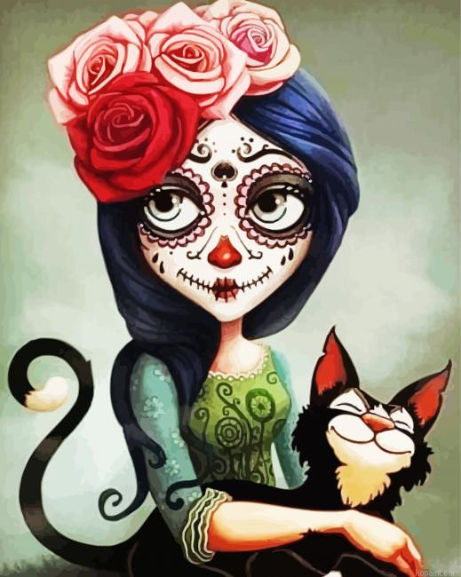Skull Woman And Black Cat Painting By Numberss.png