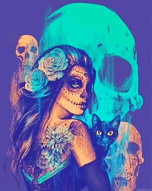 Skull Woman With Black Cat Painting By Numberss.png