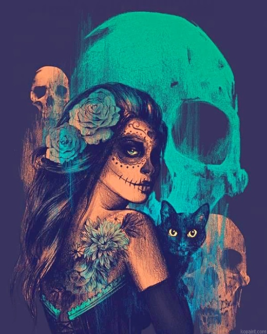 Skull Woman With Her Cat New Painting By Numberss.png
