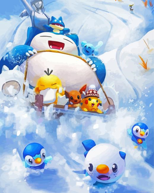 Snorlax And The Pokemons Enjoying The Snow Painting By Numberss.png