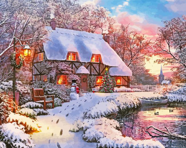 Snow Christmas Cottage Painting By Numberss.png