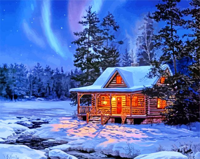 Snow Winter Cottage Painting By Numberss.png