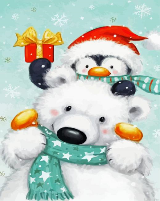 Snowboarding Bear And Pinguin Painting By Numberss.png