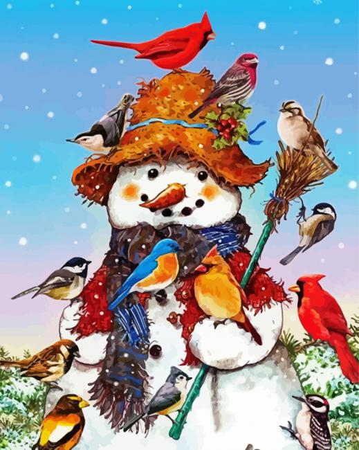 Snowman With Bird Art Painting By Numberss.png