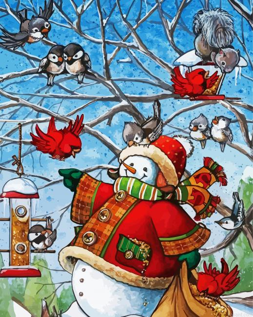 Snowman With Bird In Winter Painting By Numberss.png