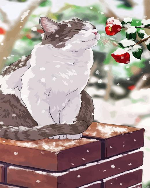 Snowy Cat Smelling Flowers Painting By Numberss.png