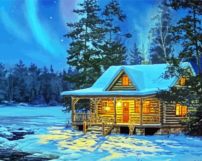 Snowy Winter Cabin Painting By Numberss.png