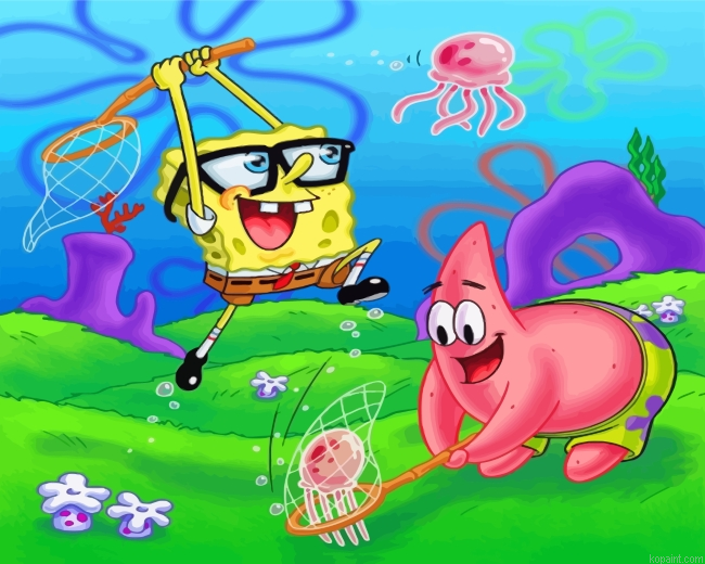 Spongbob And Patrick Jellyfishing Painting By Numberss.png