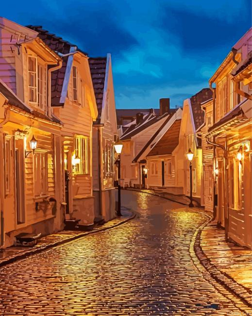 Stavanger City Houses At Night Painting By Numberss.png