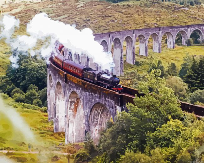 Steam Train On Viaduct Bridge Painting By Numberss.png