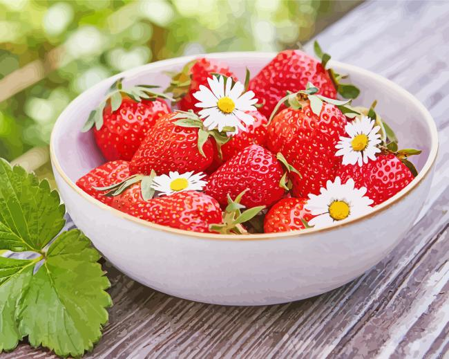 Strawberry And Daisies In Bowl Painting By Numberss.png