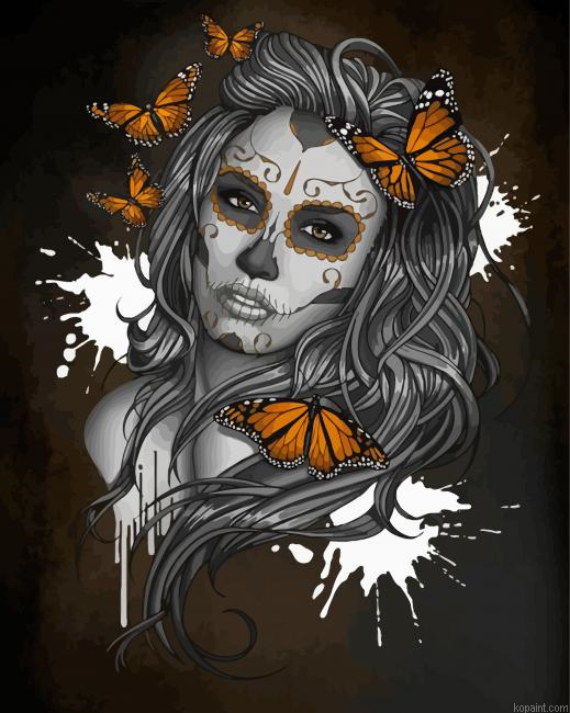 Sugar Skull And Monarch Butterflies Painting By Numberss.png