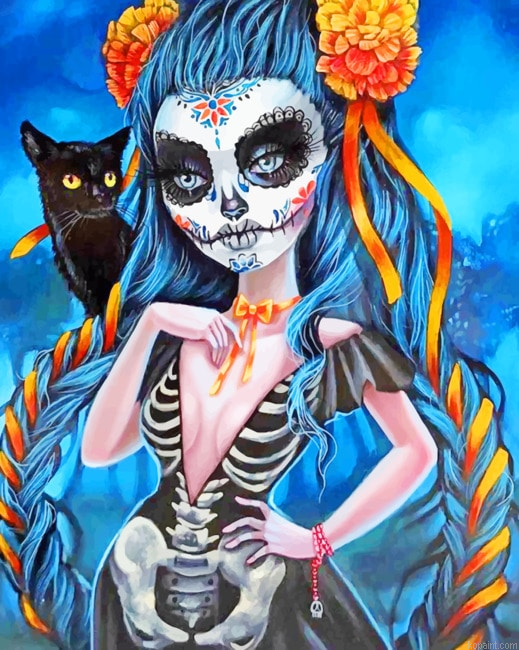 Sugar Skull Woman With A Black Cat New Painting By Numberss.png