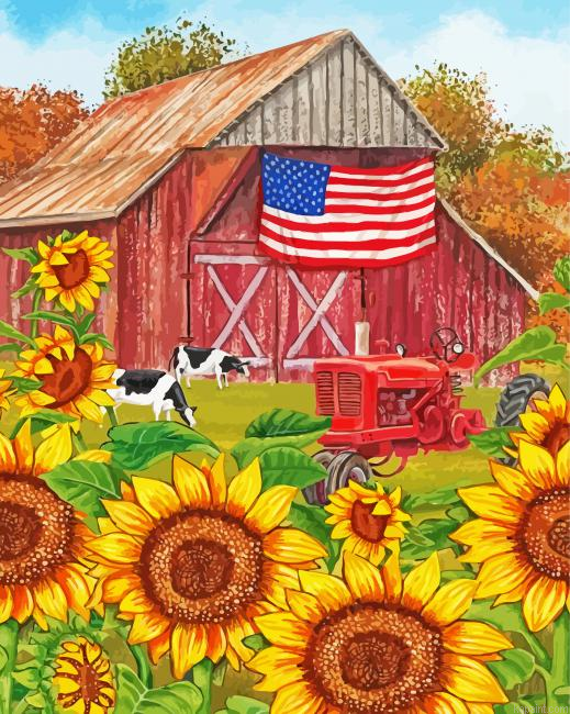 Sunflower And Old Barn Garden Painting By Numberss.png
