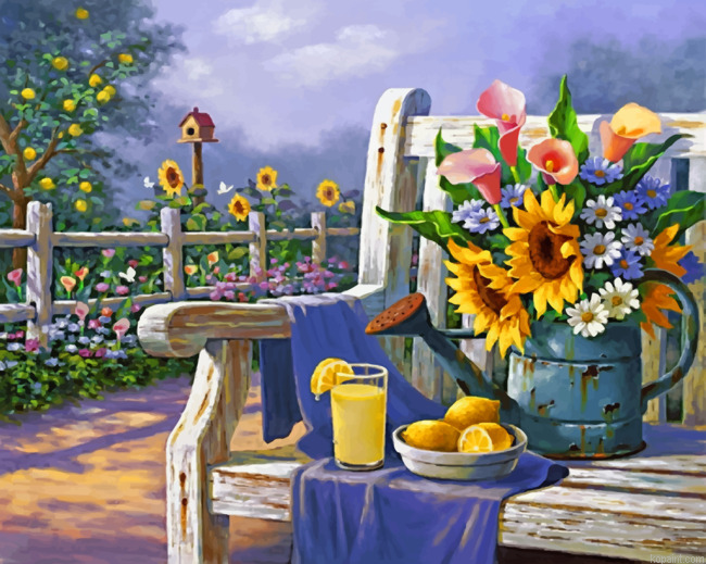 Sunflowers And Lemon On Bench Painting By Numberss.png