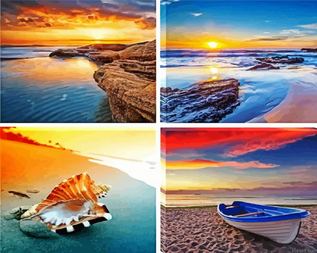 Sunset Sea Beach Set Of 4 Paint By Numbers