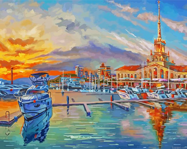 Sunset Seaport Boats Painting By Numberss.png