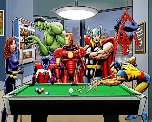 Superheroes Playing Pool Painting By Numberss.png