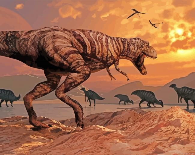 T Rex Dinosaur At Sunset Painting By Numberss.png