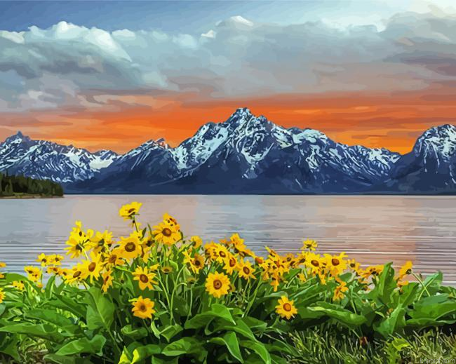 Teton Mountain And Flowers Painting By Numberss.png