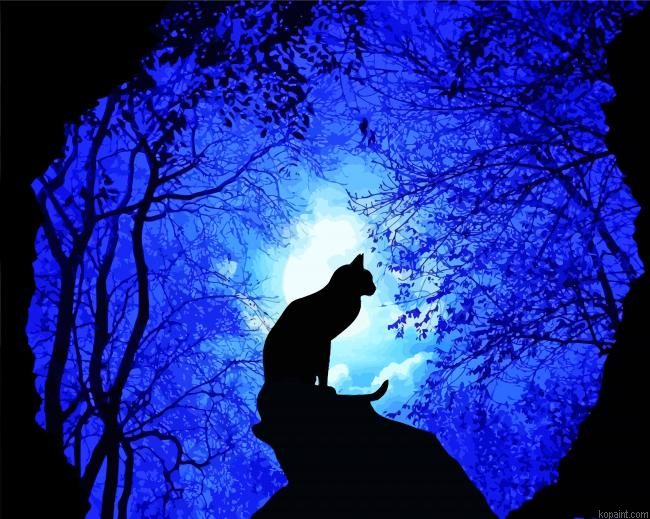 Trees And Lonely Cat Silhouette Painting By Numberss.png