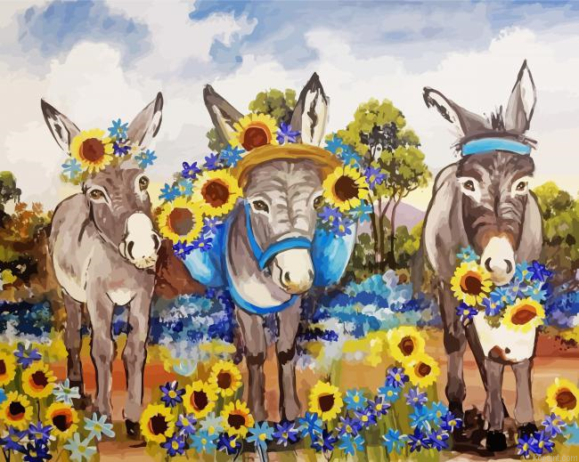 Trio Donkeys And Sunflower Painting By Numberss.png