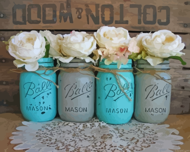 Turquoise Ball Jars With White Flowers Paint By Numbers