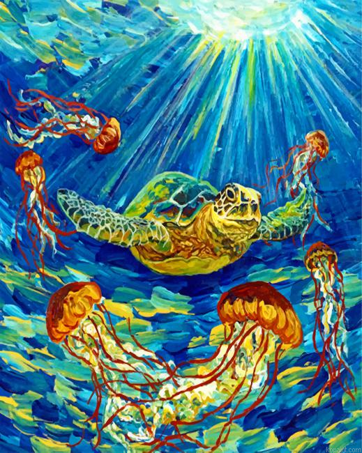 Turtle And Jellyfishes Painting By Numberss.png