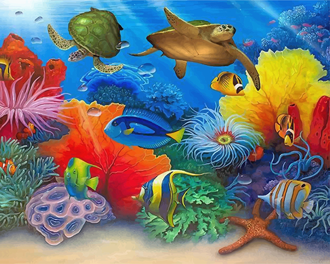 Turtles And Fishes In Sea Painting By Numberss.png