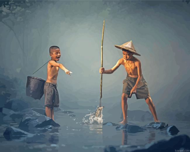 Two Boys Friends Fishing Painting By Numberss.png