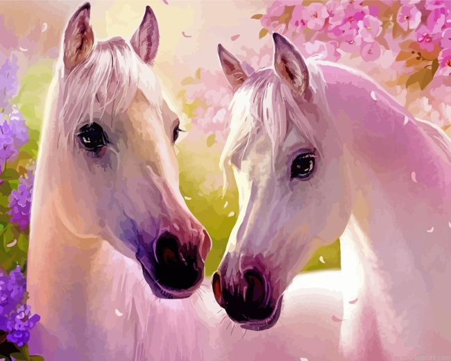 Two White Horses With Flowers Painting By Numberss.png