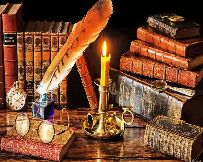 Vintage Books And Candle Painting By Numberss.png