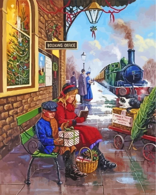 Vintage Christmas Train Station Painting By Numberss.png