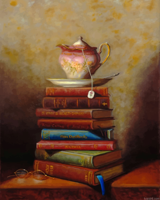 Vintage Coffee Cup On Books Painting By Numberss.png