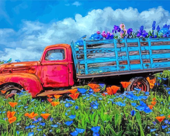 Vintage Old Truck And Flowers Painting By Numberss.png