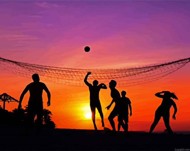 Volleyball Players Silhouette At Sunset Paint By Numbers