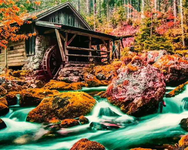 Watermill In Autumn Painting By Numberss.png