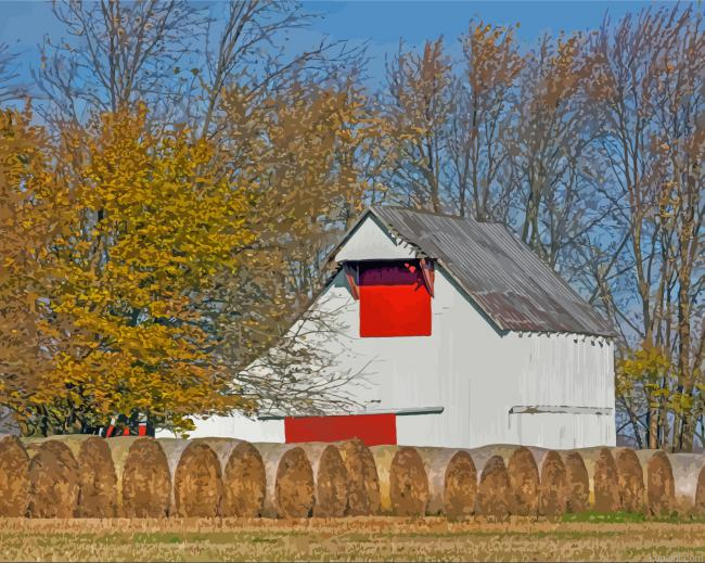 White Barns And Hay Rolls Paint By Numbers