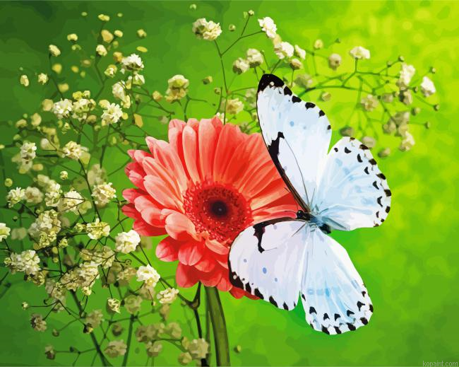 White Butterfly And Flowers Painting By Numberss.png