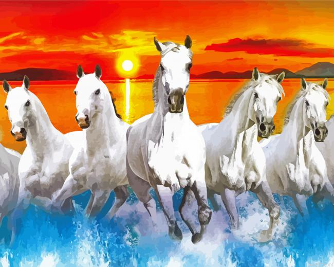 White Horse Herd In Water Painting By Numberss.png