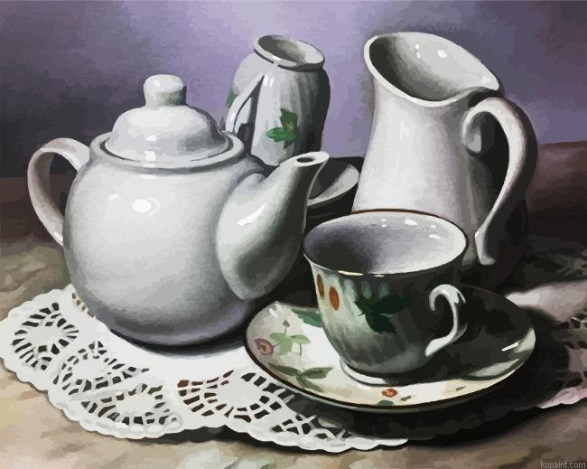 White Teapot And Cups Paint by Numbers