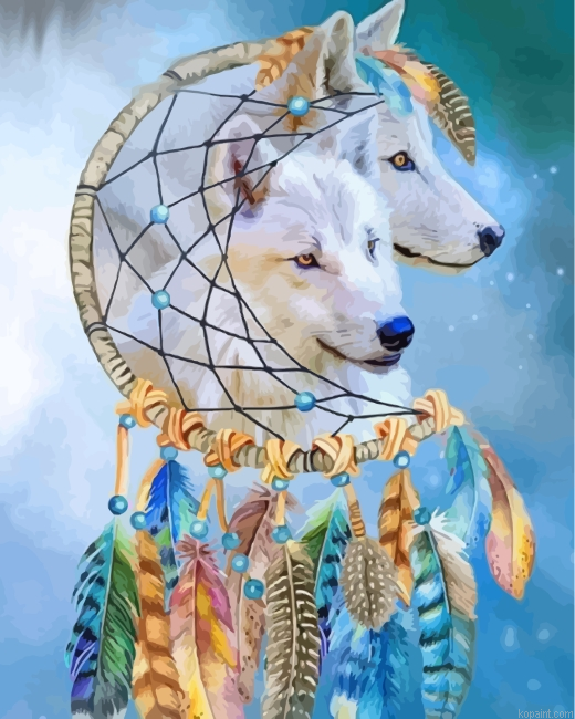 White Wolves With Dream Catcher Painting By Numberss.png