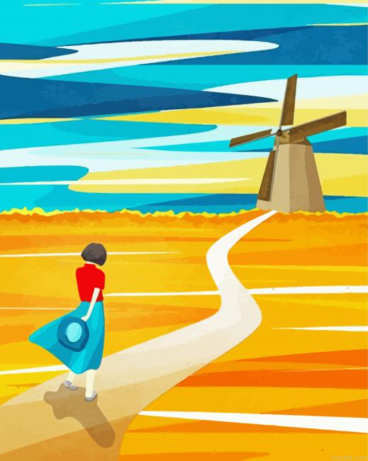 Windmill Path Landscape Painting By Numberss.png